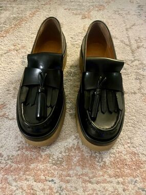 Chloe Black Leather Tassel Gum Sole Platform Loafers
